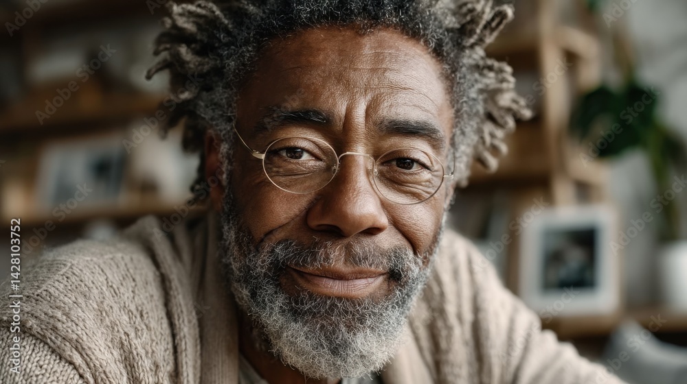 Close-up portrait of elderly man with grey beard and round glasses smiling calmly in cozy indoor setting with soft natural light, ideal for wellness campaigns and senior lifestyle content Close-up portrait of elderly man with grey beard and round glasses smiling calmly in cozy indoor setting with soft natural light, ideal for wellness campaigns and senior lifestyle content
