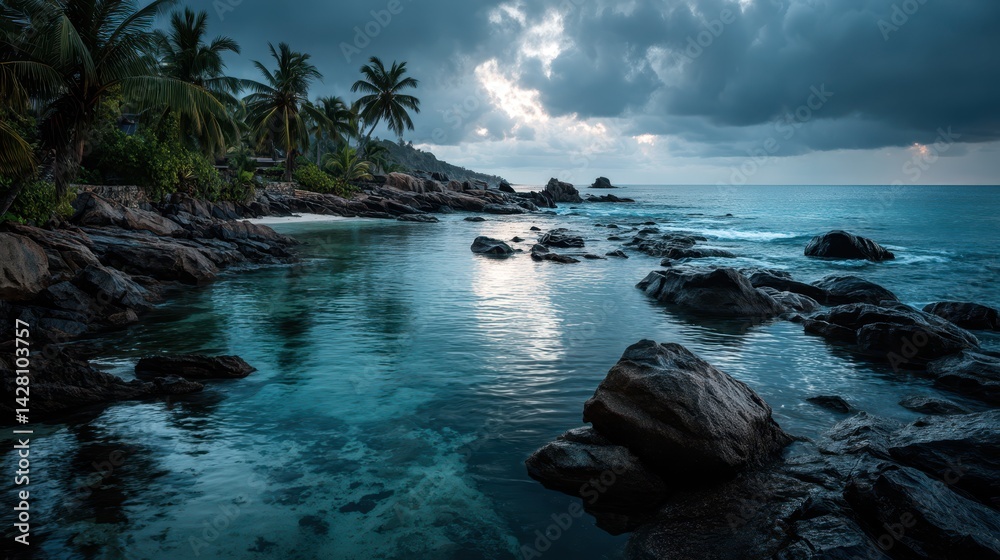 Obraz premium Blue hour Tropical coastline concept. Serene coastal scene with rocky shoreline, palm trees, and a moody sky reflecting on calm waters.