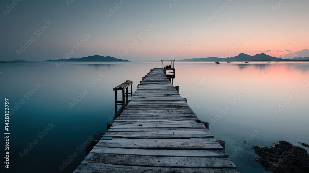 Obraz premium Blue hour Tropical coastline concept. Serene wooden pier extending into calm waters at sunset, surrounded by distant mountains.