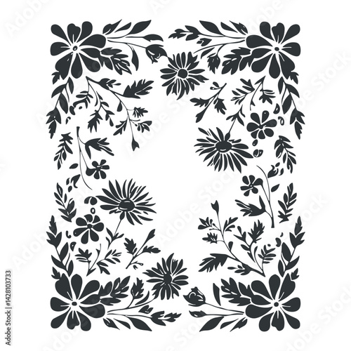 Vector linocut floral frame poster template. Modern trendy minimal style. Black and white colors. Botanical blockprint. Hand drawn design for wallpaper, wall decor, print, postcard, cover, template.