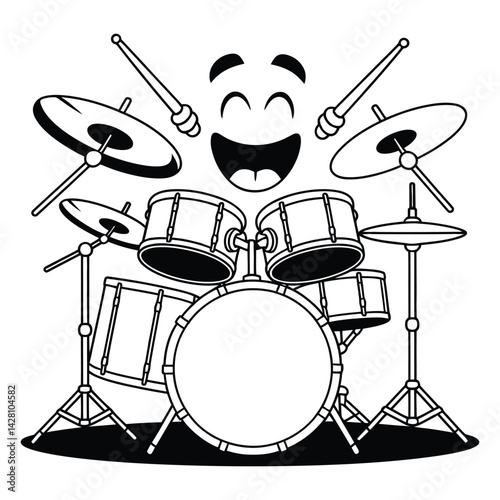Drum Set Doodle funny, Silhouette, Vector, Icon, Logo, White Background.