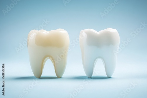 A close-up image displays a person's smile prior to and following teeth whitening, emphasizing the striking difference in tooth color, available as stock