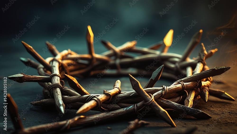 Fototapeta premium Crown of thorns with nails on dark background. Good Friday concept