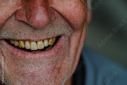 A close-up photograph, part of a series that includes before and after pictures, shows the mouth of a male patient with severely damaged and worn teeth, and several missing teeth, all prior to the