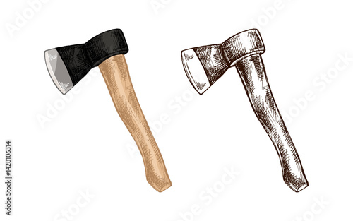 Hand drawn colored and black vintage sketch of forest axe with wooden handle, realistic camping and lumberjack tool