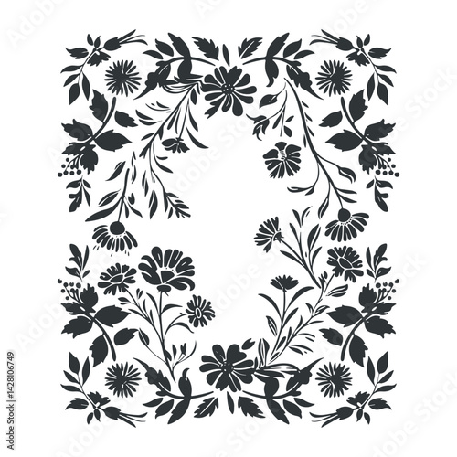 Vector linocut floral frame poster template. Modern trendy minimal style. Black and white colors. Botanical blockprint. Hand drawn design for wallpaper, wall decor, print, postcard, cover, template.