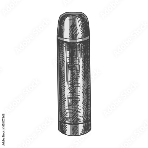 Hand drawn vintage colored sketch of metal thermos bottle for hot drink, insulated travel mug