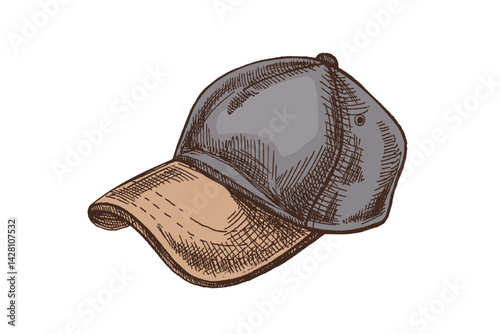 Hand drawn vintage colored sketch of baseball cap with visor in engraving style, isolated vector illustration
