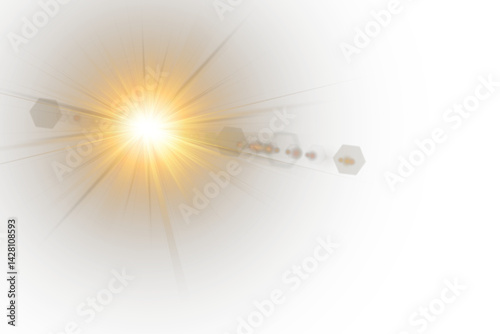 Transparent sun flare glows with golden radiant brilliance. Lens glare sparkles gently on clear PNG background. Sunlight beam pulses softly with warm halo edges. Bright gold flush adds shine