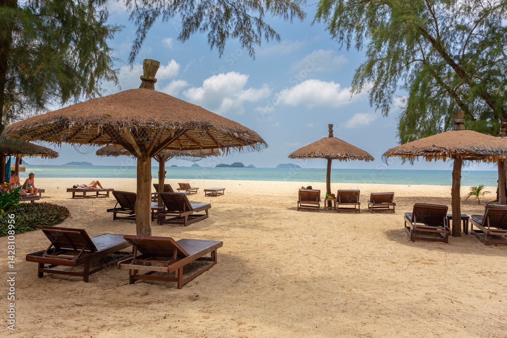 beach umbrellas and deck chairs