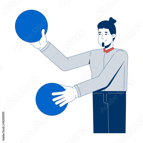 Male office worker juggling data spheres 2D cartoon character. Confident professional manager. Caucasian man employee handling balls flat vector person isolated on white. Spot illustration colorful