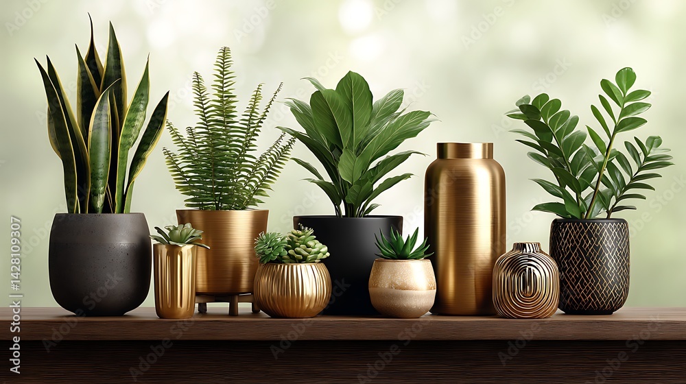 Stylish potted plants arranged on wooden shelf Stylish potted plants arranged on wooden shelf