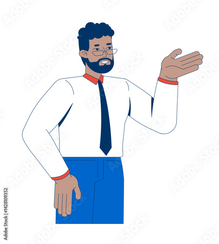 African american businessman in presentation gesture 2D cartoon character. Glasses bearded male professional presenter explaining flat vector person isolated on white. Spot illustration colorful
