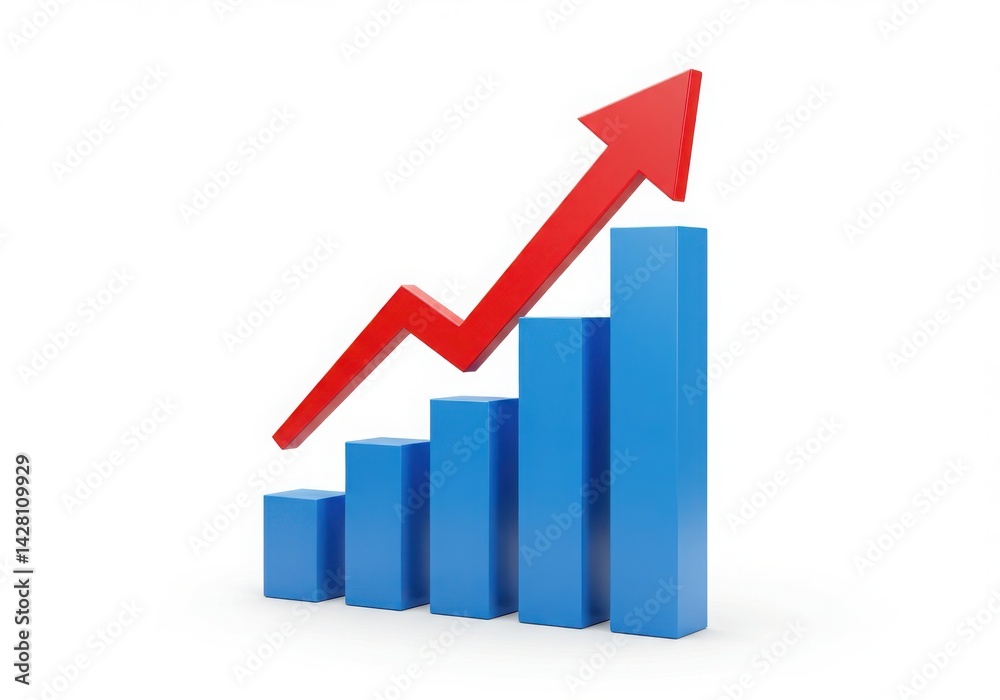 Blue bar graph with rising red arrow on white background Blue bar graph with rising red arrow on white background