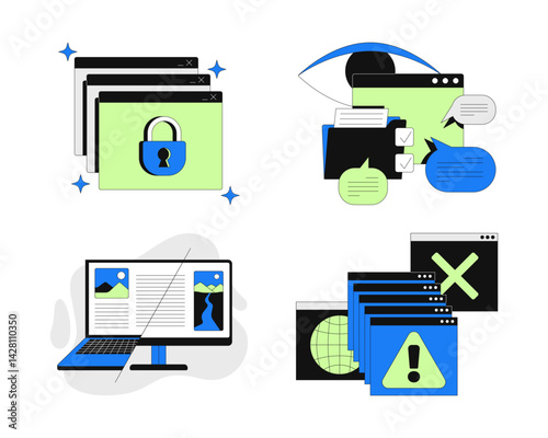 Privacy, content management, system errors 2D onboarding ui illustrations set. Access denied, cross platform compatibility cartoon concepts isolated on white. Flat abstract vector metaphor collection