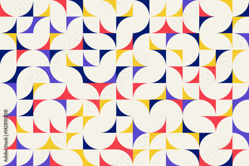 Abstract geometric background, brutalism style geometry elements in random order and colors, seamless vector geo pattern, simple flat style shapes