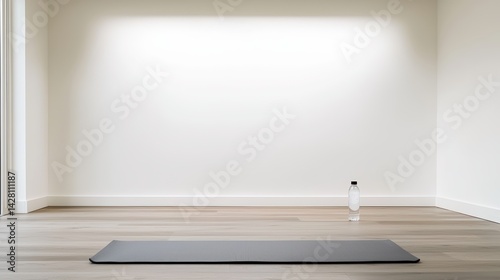 A premium yoga mat and water bottle placed in a serene studio with soft lighting