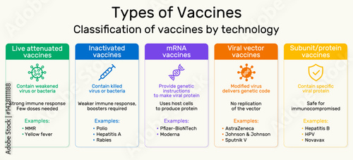 Types of vaccines infographic. Classification by technology. Live attenuated, inactivated, mRNA, viral vector and subunit vaccines