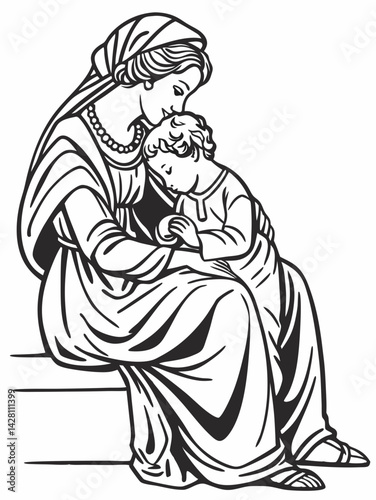 Tender Mother and Child A Black and White Line Art Illustration
