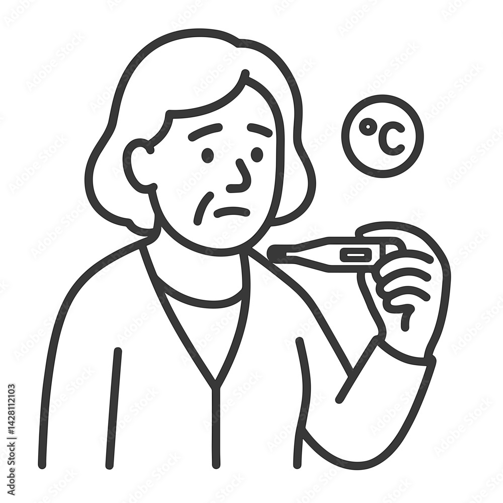 Obraz premium Elderly woman measuring temperature with a worried expression 