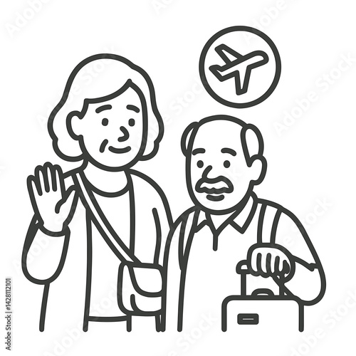Elderly couple traveling together, smiling, preparing for a trip, vector  
