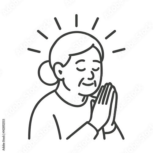 Elderly woman praying with gratitude in minimalist style  