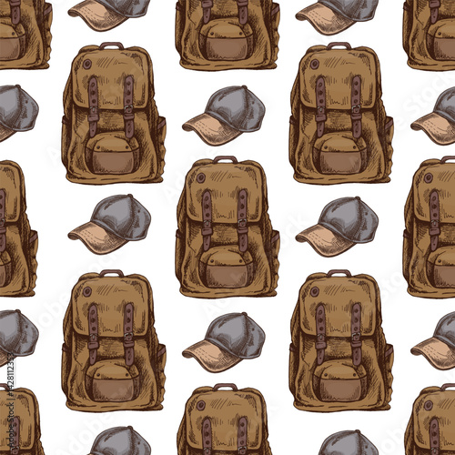 Hand drawn vintage colored seamless pattern with sketch of hiking backpack or rucksack and baseball cap