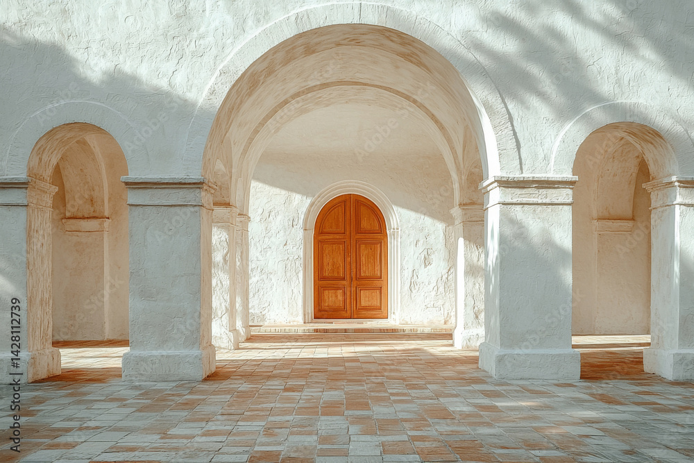 White arched corridor with terracotta tiles and large wooden door. Mediterranean style entrance. Minimalist white stucco facade