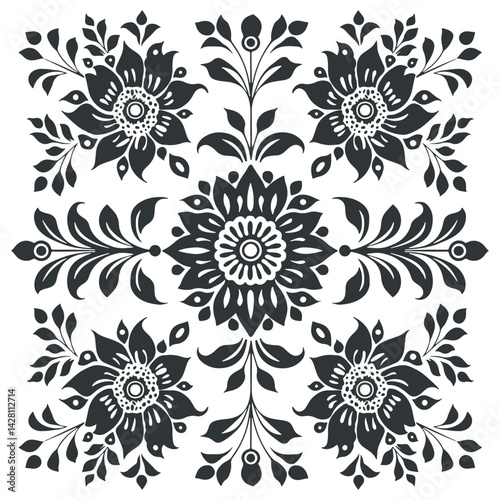 Vector abstract linocut floral poster template. Modern trendy minimal style. Black and white colors. Botanical blockprint. Pattern design for wallpaper, wall decor, print, postcard, cover, template.