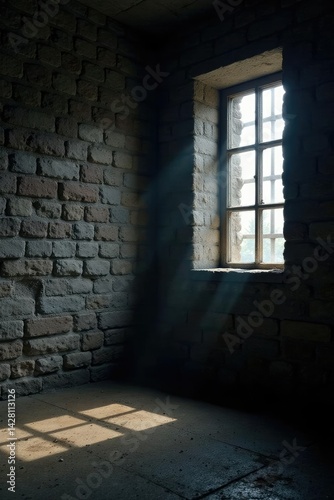 Light seeps through window on cold brick wall in prison cell, stone, confinement