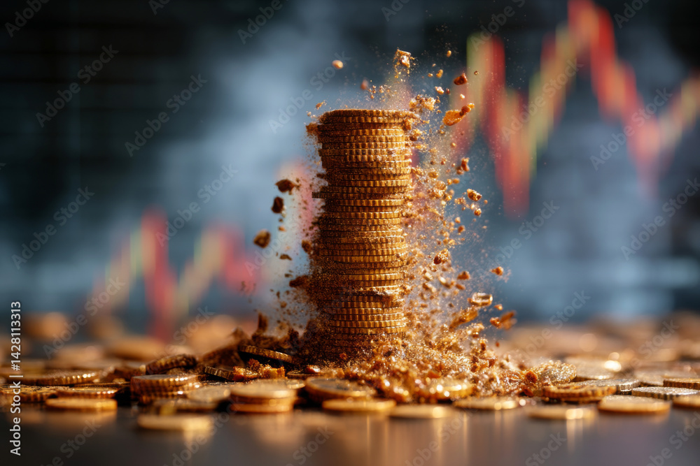 Falling stack of coins with red stock chart in background. Concept of economic downturn, inflation or stock market crash