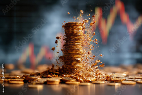 Obraz na płótnie Falling stack of coins with red stock chart in background. Concept of economic downturn, inflation or stock market crash w salonie