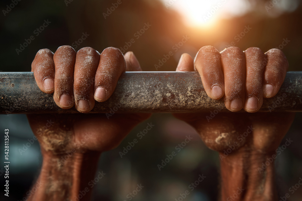 Close-up of male hands gripping horizontal pull-up bar during outdoor workout. Concept of fitness, calisthenics and sports exercises