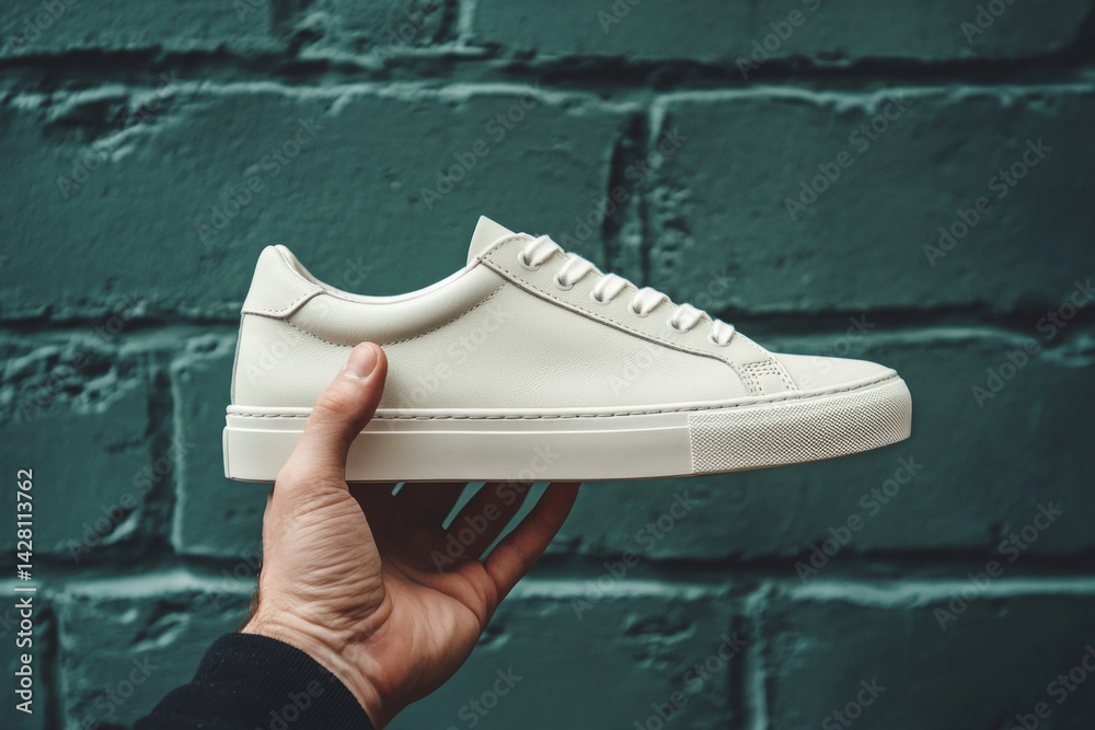 Close up of hand holding trendy sneaker in front of gray wall. Minimalistic fashion concept with classic shoe in urban background