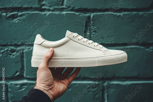 Obraz na płótnie Close up of hand holding trendy sneaker in front of gray wall. Minimalistic fashion concept with classic shoe in urban background w salonie
