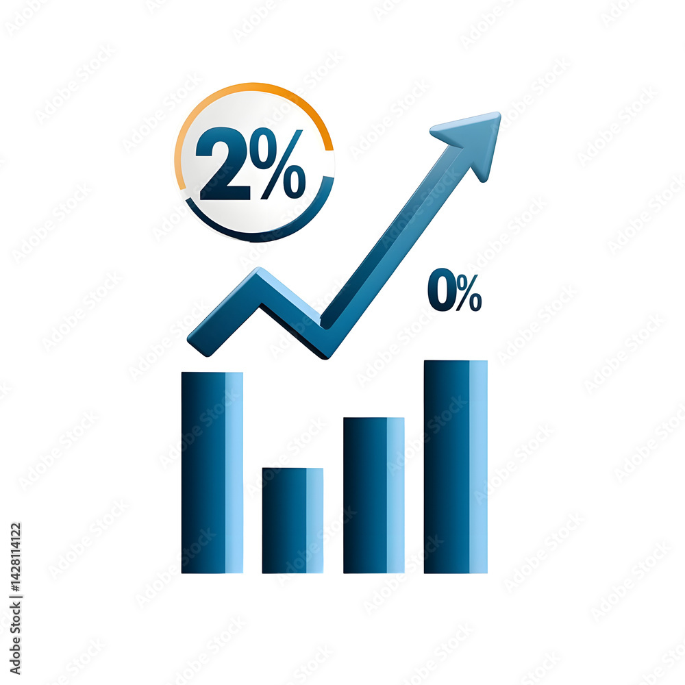 A bar chart displaying an upward trend in business growth with a 2 increase indicated by the arrow and percentage label A bar chart displaying an upward trend in business growth with a 2 increase indicated by the arrow and percentage label