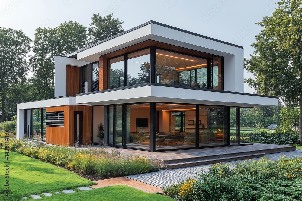 Modern family house in white with brown elements, surrounded by greenery and a stone path, featuring a garden terrace and large windows. Modern family house in white with brown elements, surrounded by greenery and a stone path, featuring a garden terrace and large windows.