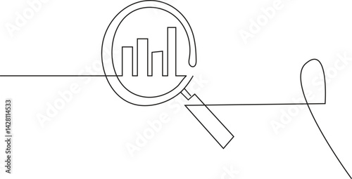 single line art magnifying Glass Focusing on Bar Graph – Business Data Analysis Concept vector 

