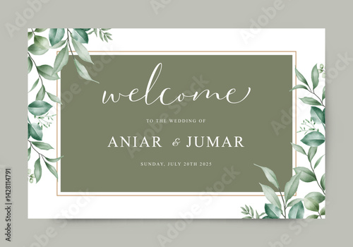 Welcome sign background template set with green plants for wedding invitation, card, banner, cover etc.