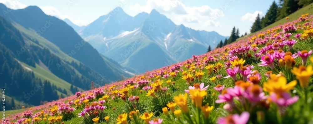 Fototapeta premium Pink and yellow blooms cascade down Mont Blanc's slopes, yellow, alps, nature