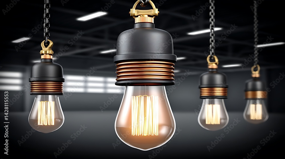 Obraz premium Industrial-style pendant lights illuminate a dark space