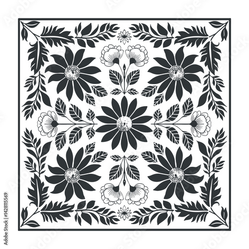 Vector abstract linocut floral poster template. Modern trendy minimal style. Black and white colors. Botanical blockprint. Pattern design for wallpaper, wall decor, print, postcard, cover, template.