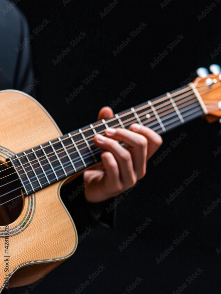 Close-up shot of a mariachi guitarists hands strumming strings against rich black background Close-up shot of a mariachi guitarists hands strumming strings against rich black background