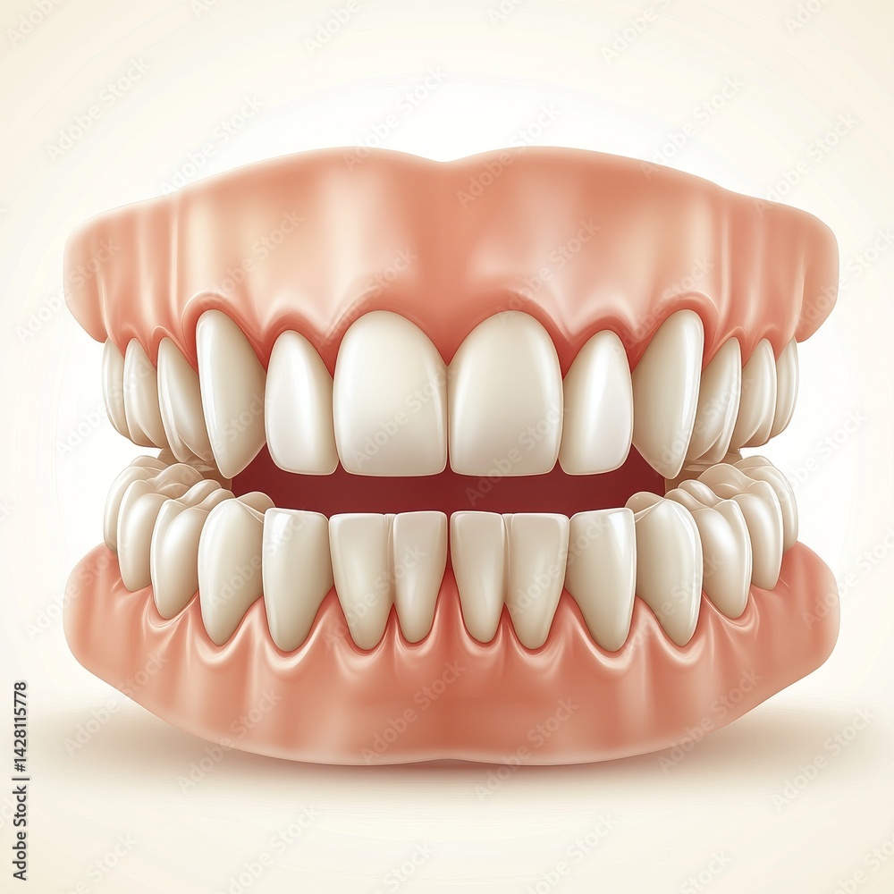 Obraz premium A white background serves as the setting for a full set of acrylic dentures, which have a pink base and white teeth bearing minor stains and signs of aging