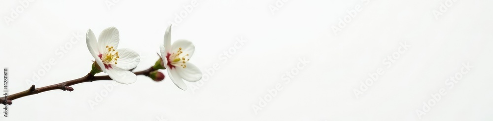 Fototapeta premium Single branch with small white flowers against a clean white background, bloom, pure, branch