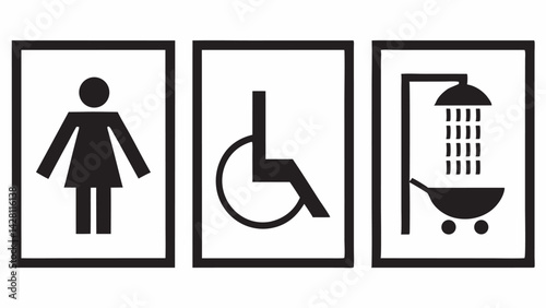 Woman symbol accessible route sign and shower symbol sign in black and white