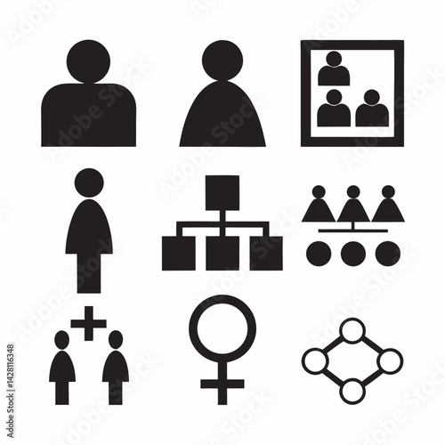 Pictogram icons representing organizational structure social groups and relationships business concepts