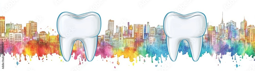 Fototapeta premium Against a vibrant watercolor backdrop, two teeth are silhouetted in black
