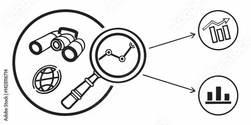 Market analysis concept depicting global business trends with binoculars and magnifying glass