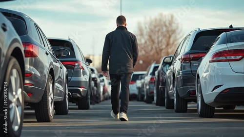 Potential customer walking in car dealership parking lot choosing new car for purchase, examining various models on display before making decision